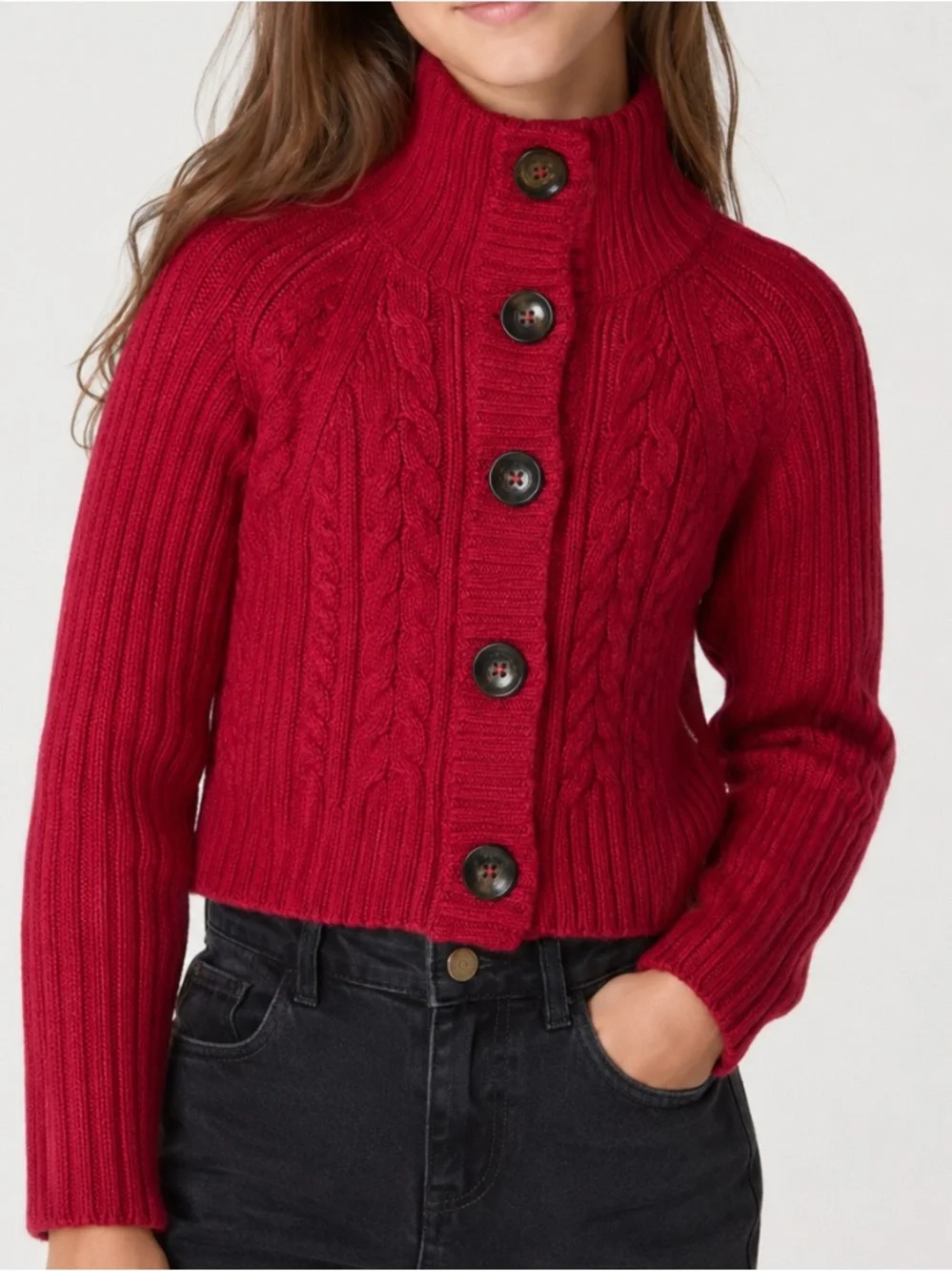 GAP Red Cable-Knit Button Cardigan Angora Bland